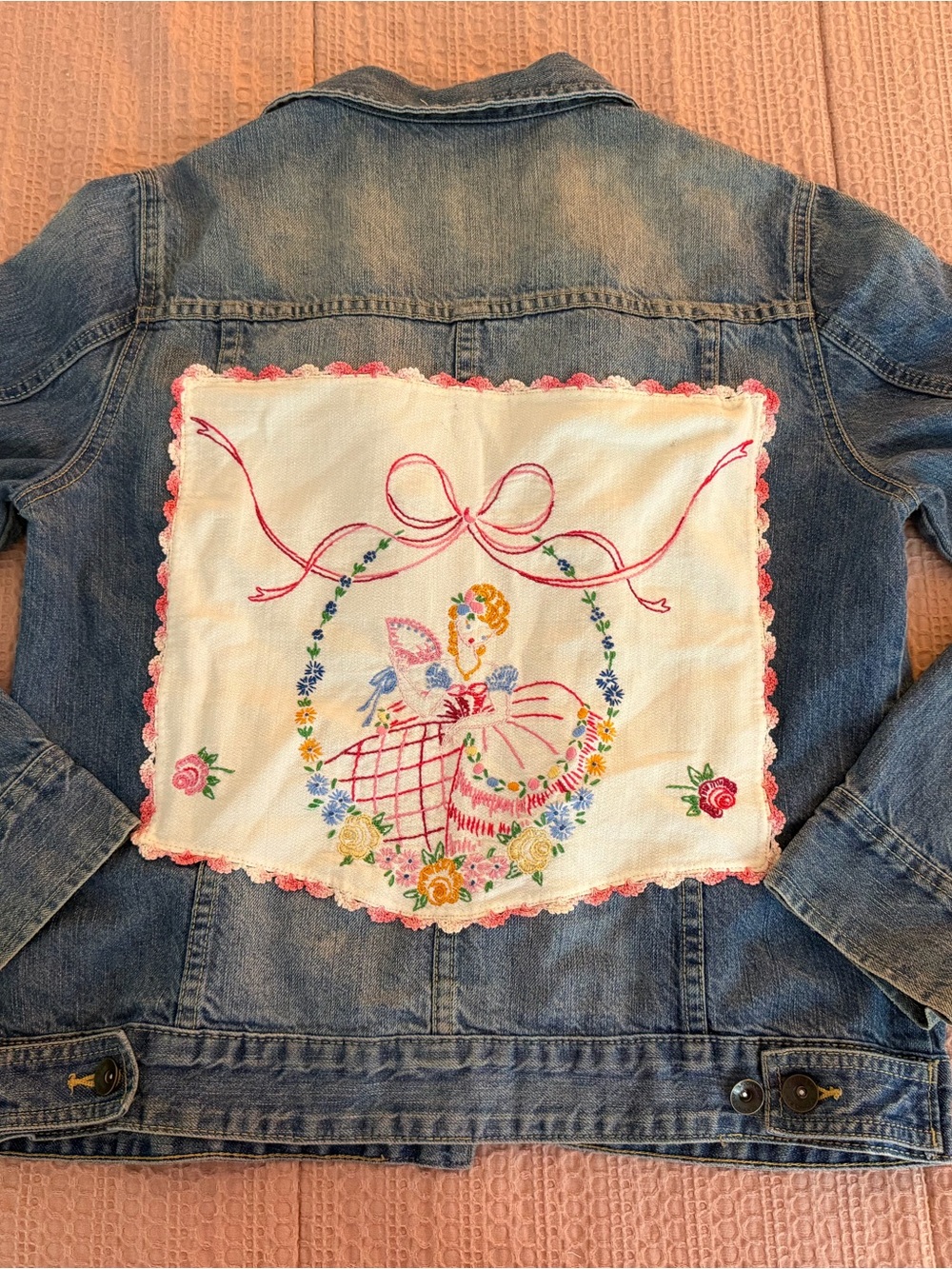 Ladies denim jacket upcycled with vintage hand embroidered linens